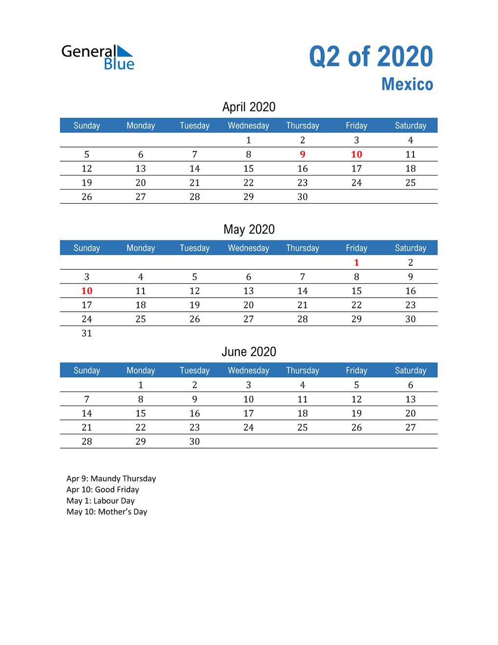  Mexico 2020 Quarterly Calendar 