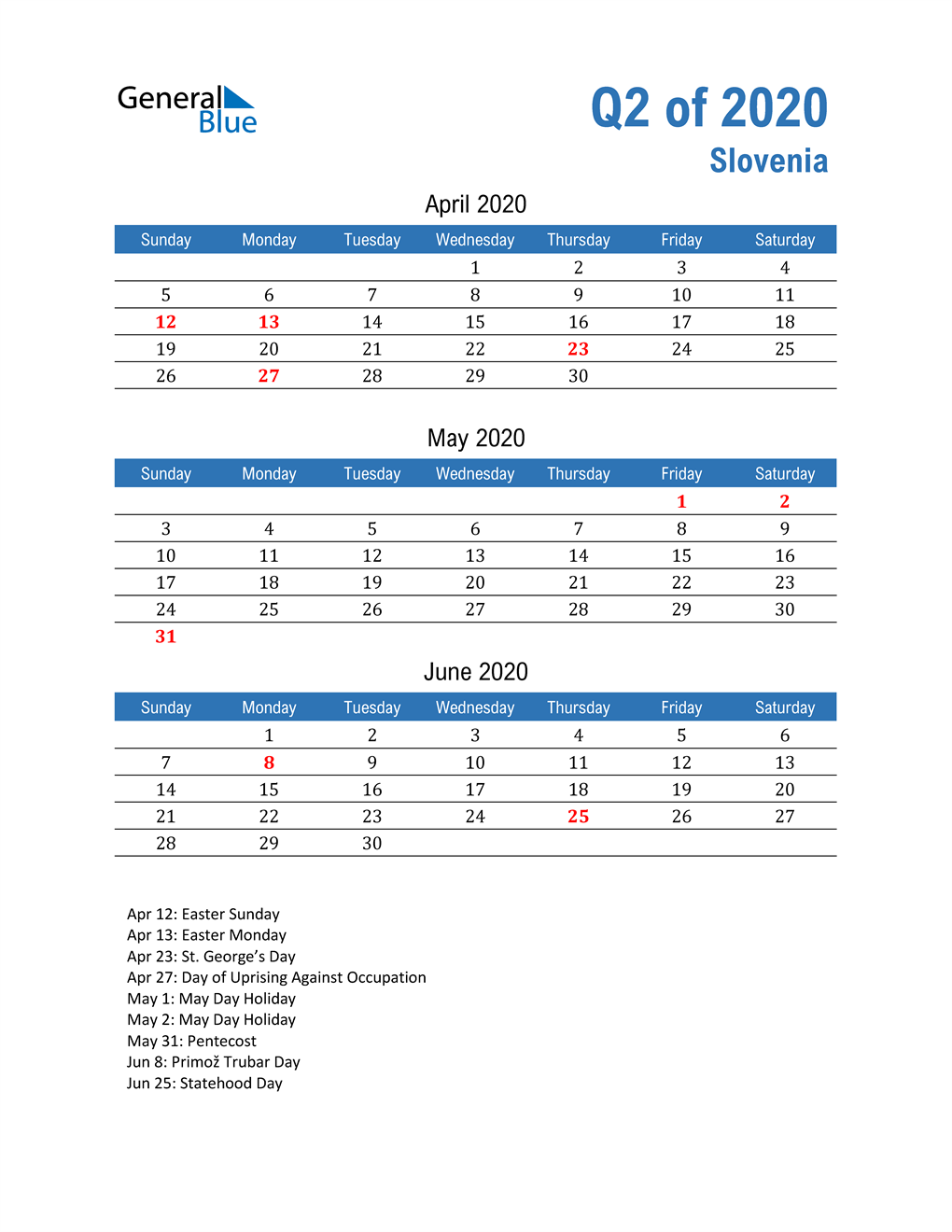  Slovenia 2020 Quarterly Calendar 