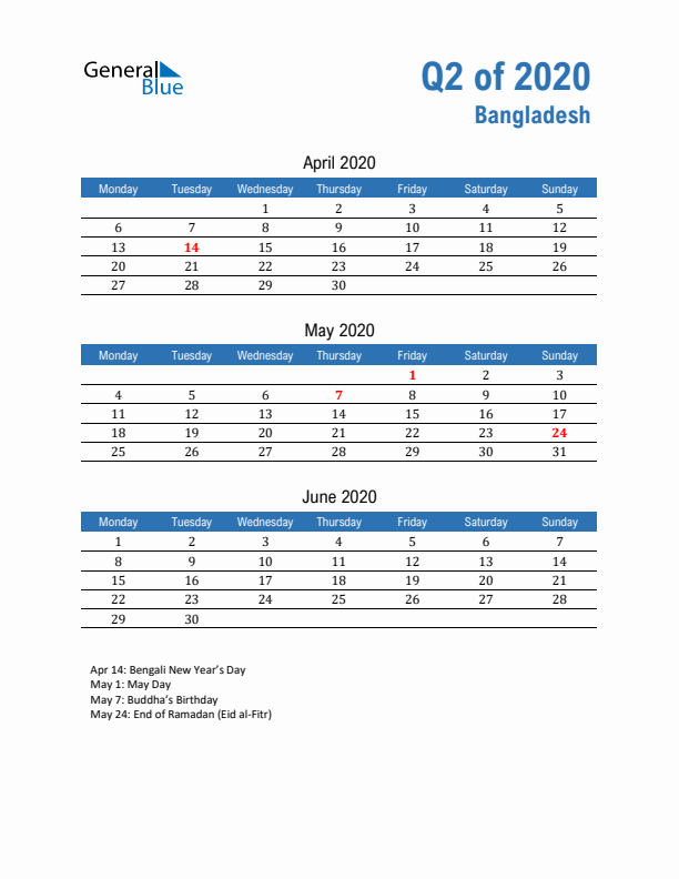 Bangladesh 2020 Quarterly Calendar with Monday Start