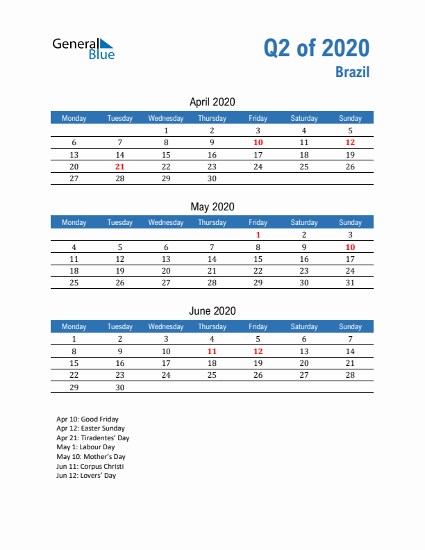 Brazil 2020 Quarterly Calendar with Monday Start