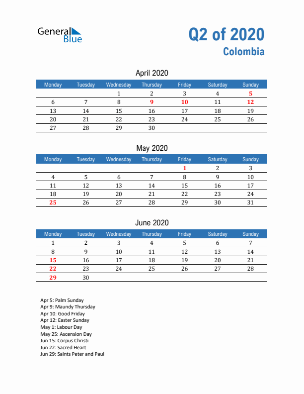 Colombia 2020 Quarterly Calendar with Monday Start