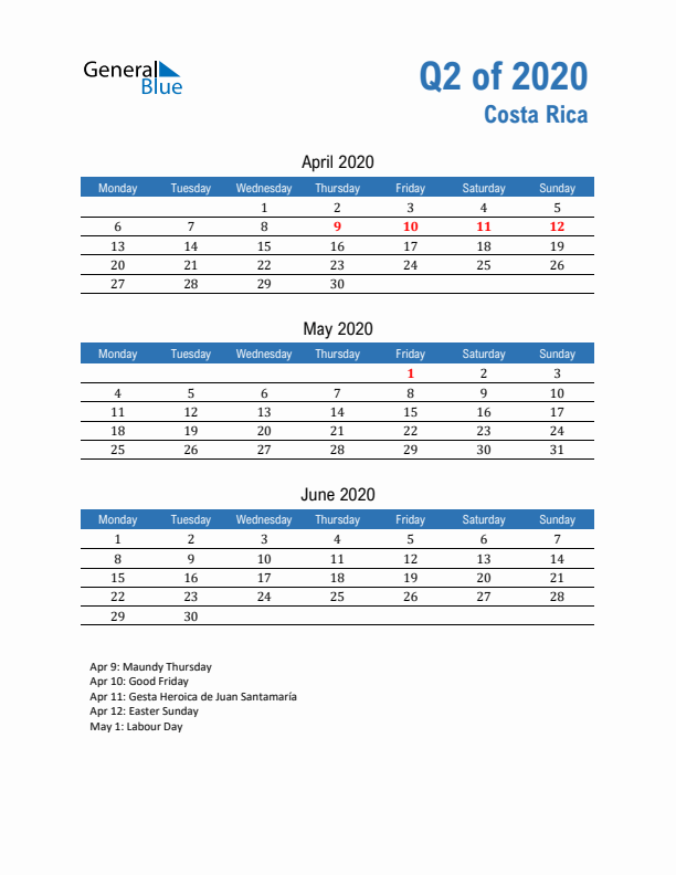 Costa Rica 2020 Quarterly Calendar with Monday Start
