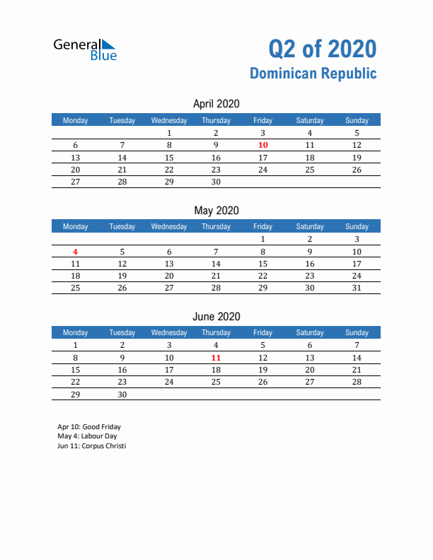 Dominican Republic 2020 Quarterly Calendar with Monday Start