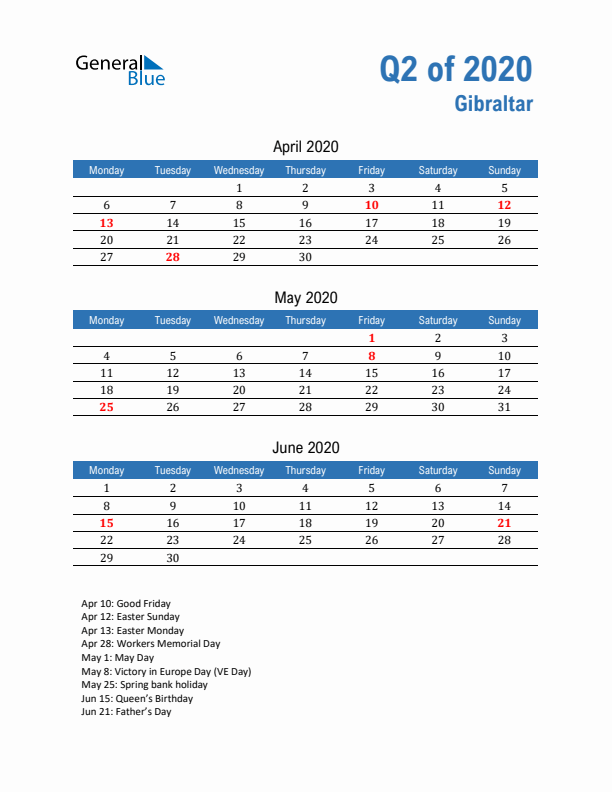 Gibraltar 2020 Quarterly Calendar with Monday Start