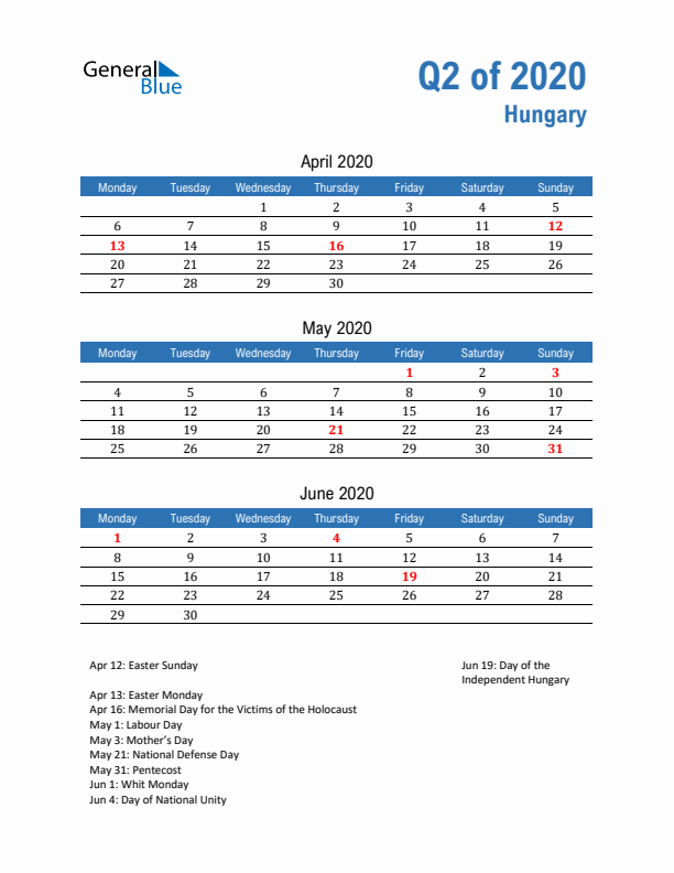 Hungary 2020 Quarterly Calendar with Monday Start