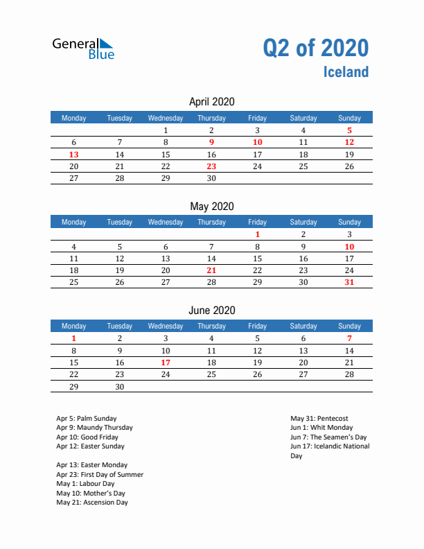 Iceland 2020 Quarterly Calendar with Monday Start