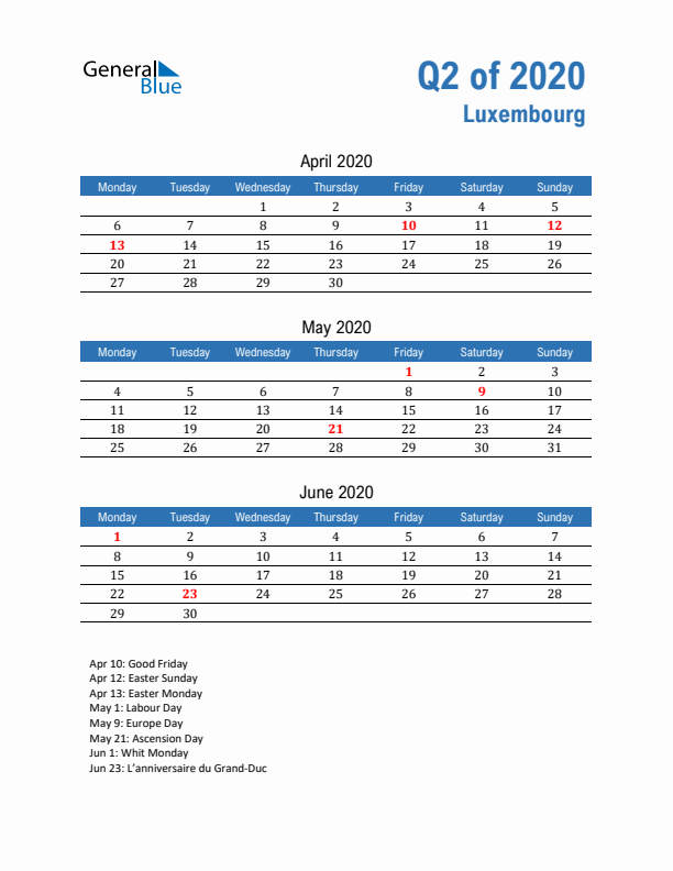 Luxembourg 2020 Quarterly Calendar with Monday Start