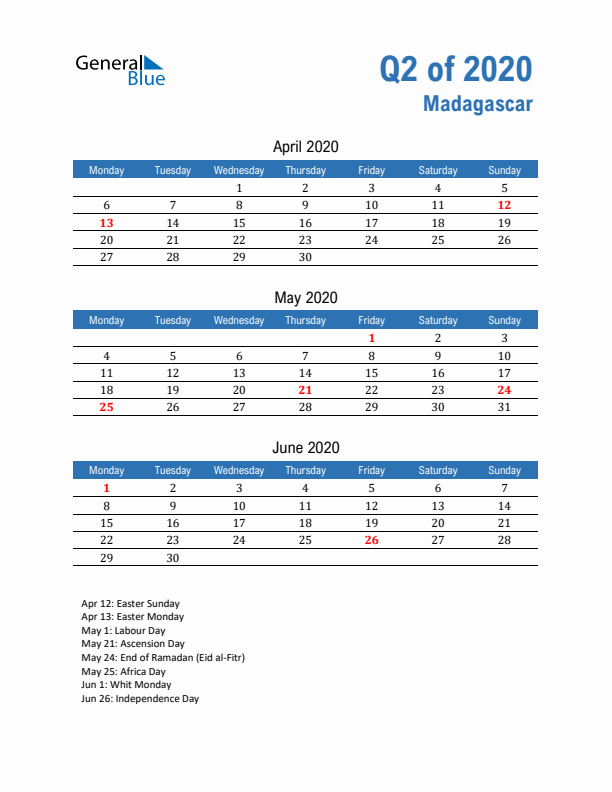 Madagascar 2020 Quarterly Calendar with Monday Start