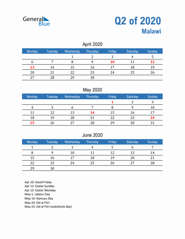 Malawi 2020 Quarterly Calendar with Monday Start