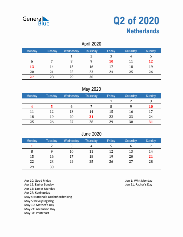 The Netherlands 2020 Quarterly Calendar with Monday Start