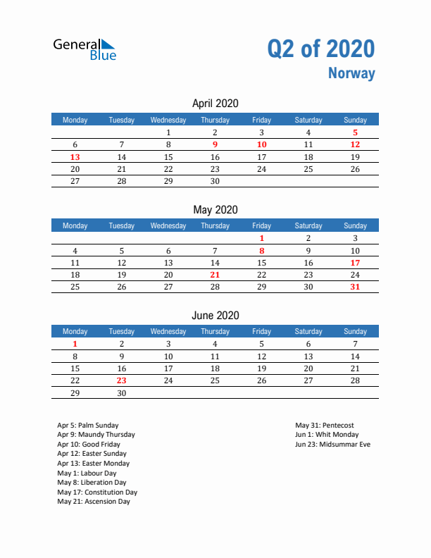 Norway 2020 Quarterly Calendar with Monday Start