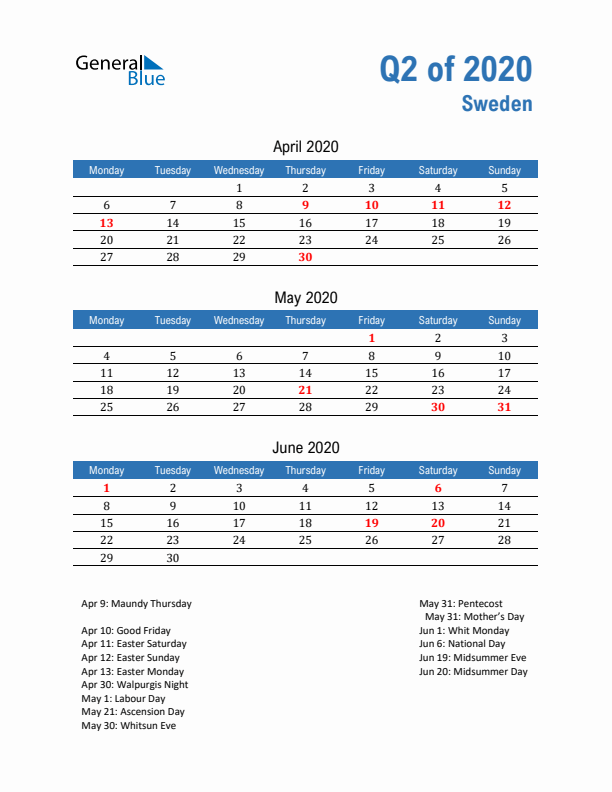 Sweden 2020 Quarterly Calendar with Monday Start