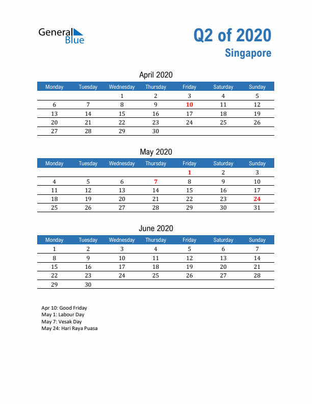 Singapore 2020 Quarterly Calendar with Monday Start