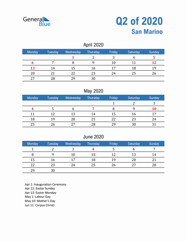San Marino 2020 Quarterly Calendar with Monday Start