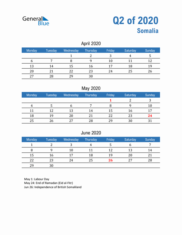 Somalia 2020 Quarterly Calendar with Monday Start