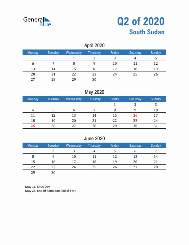 South Sudan 2020 Quarterly Calendar with Monday Start