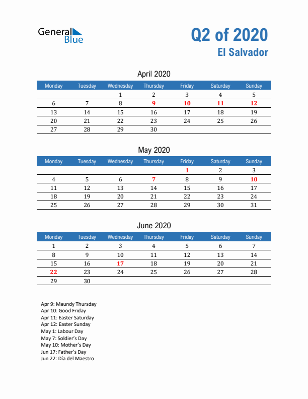 El Salvador 2020 Quarterly Calendar with Monday Start