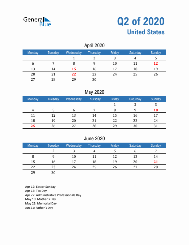 United States 2020 Quarterly Calendar with Monday Start