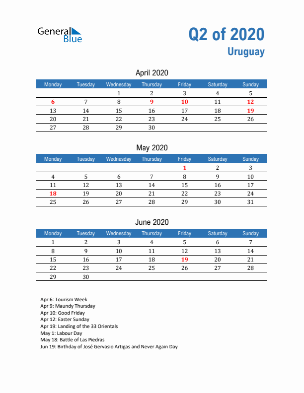 Uruguay 2020 Quarterly Calendar with Monday Start