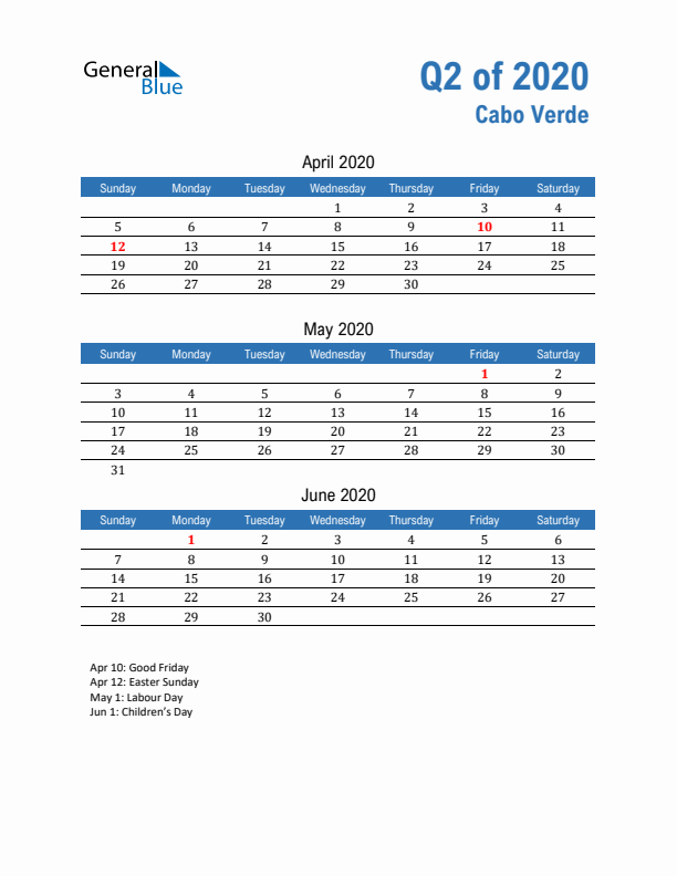 Cabo Verde 2020 Quarterly Calendar with Sunday Start
