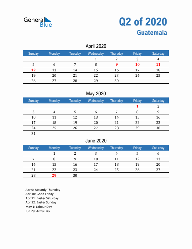 Guatemala 2020 Quarterly Calendar with Sunday Start