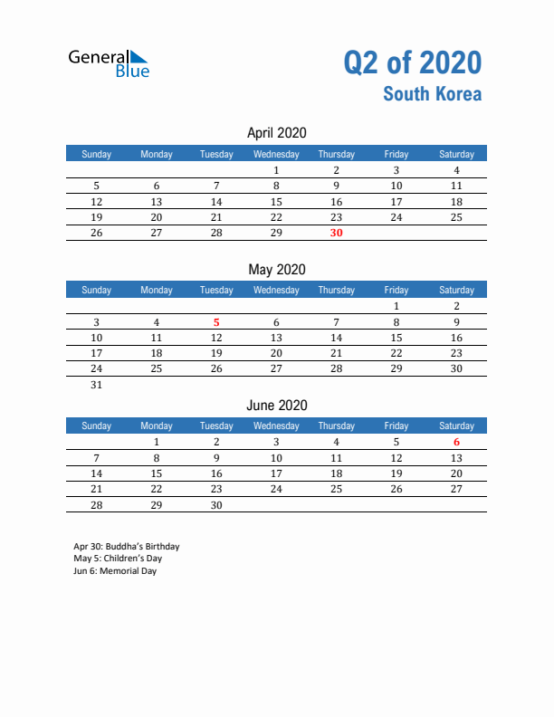 South Korea 2020 Quarterly Calendar with Sunday Start