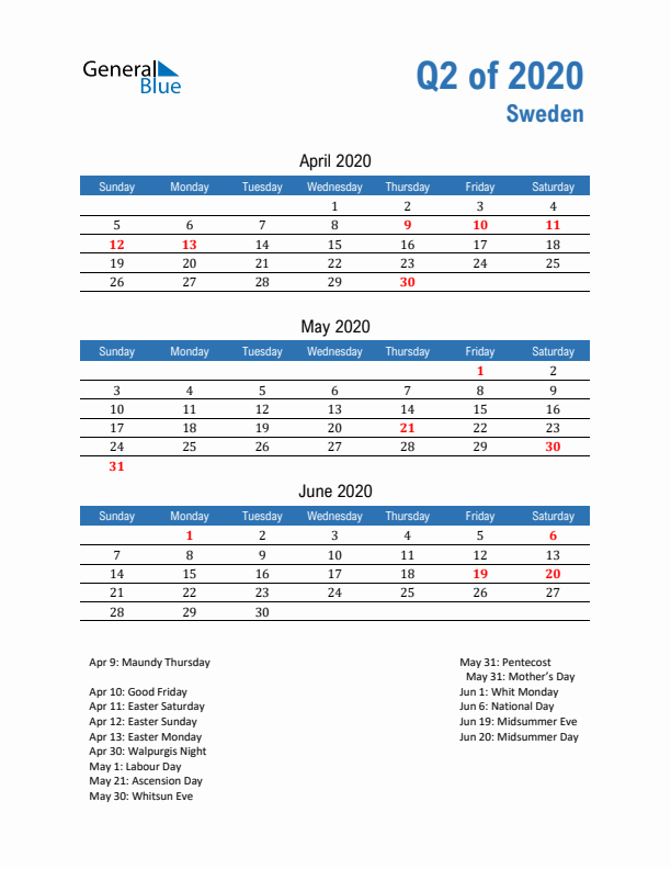 Sweden 2020 Quarterly Calendar with Sunday Start