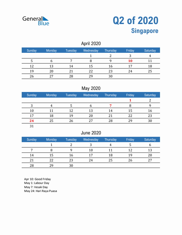 Singapore 2020 Quarterly Calendar with Sunday Start