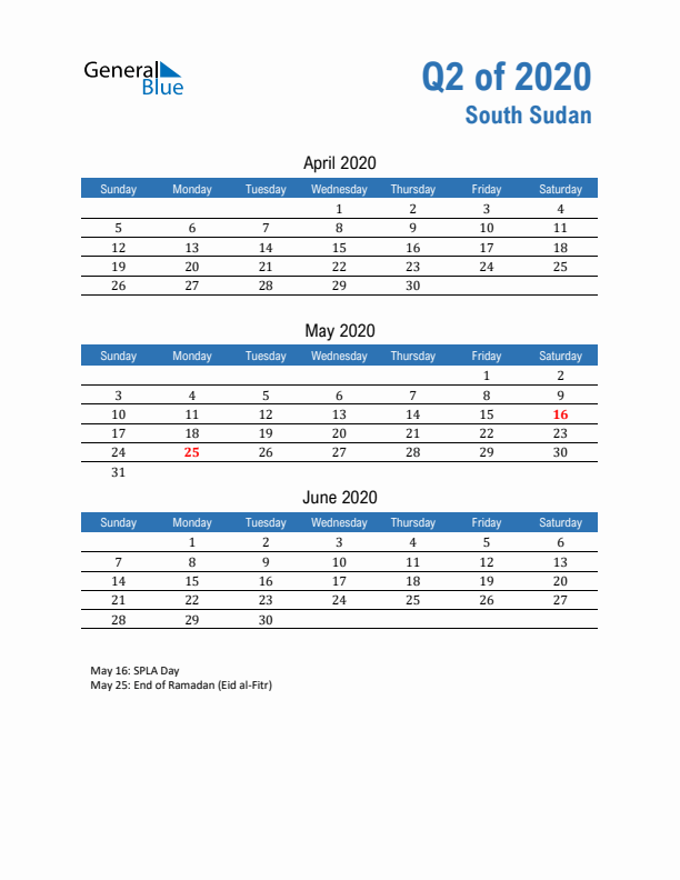 South Sudan 2020 Quarterly Calendar with Sunday Start