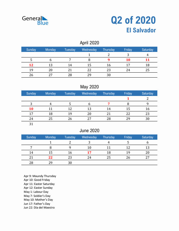 El Salvador 2020 Quarterly Calendar with Sunday Start