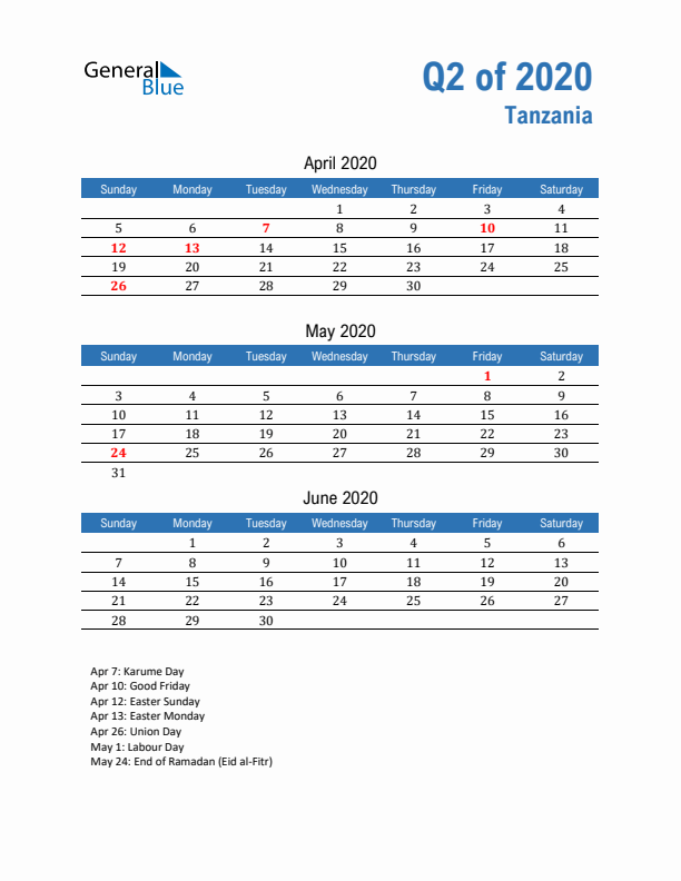 Tanzania 2020 Quarterly Calendar with Sunday Start