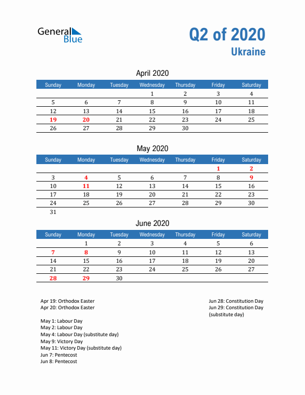 Ukraine 2020 Quarterly Calendar with Sunday Start