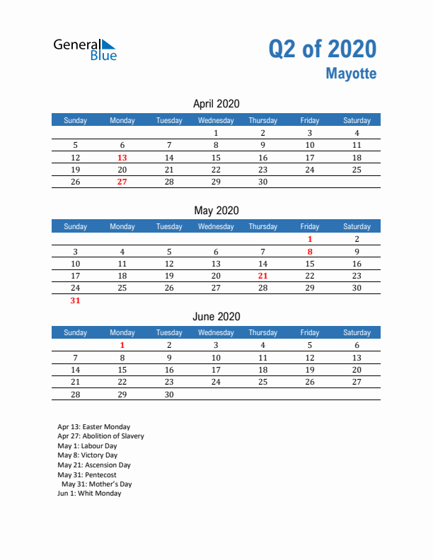 Mayotte 2020 Quarterly Calendar with Sunday Start