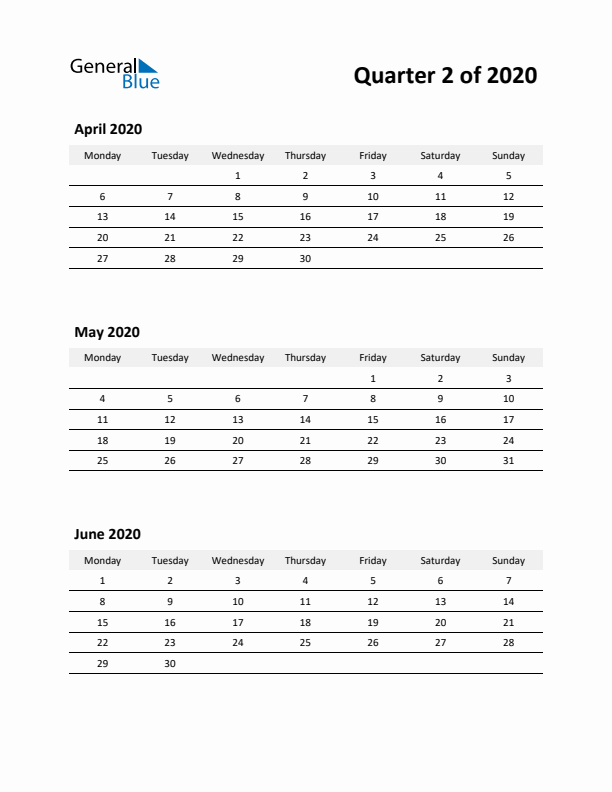 2020 Three-Month Calendar (Quarter 2)