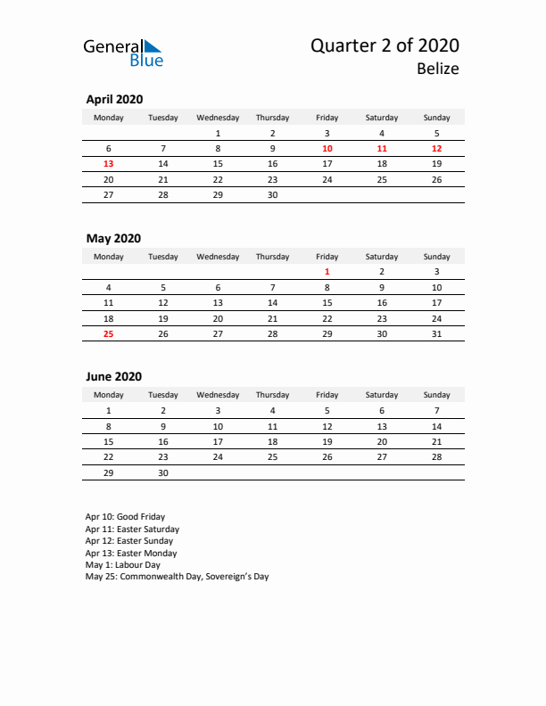 2020 Three-Month Calendar for Belize