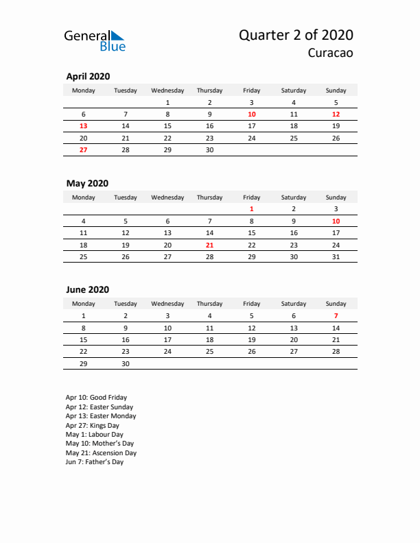 2020 Three-Month Calendar for Curacao