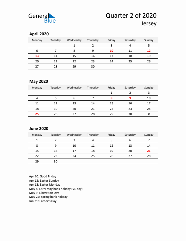 2020 Three-Month Calendar for Jersey