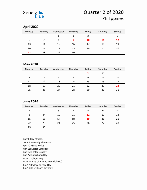 2020 Three-Month Calendar for Philippines