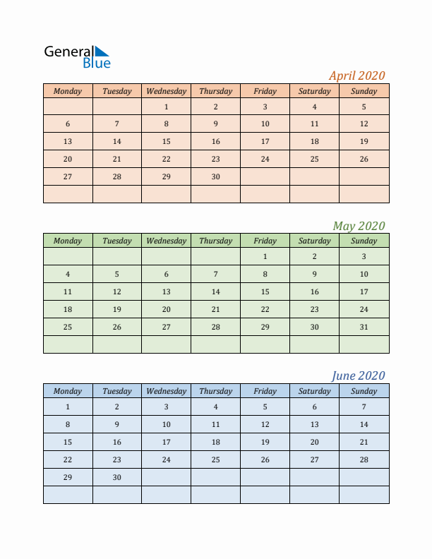 Three-Month Calendar for Year 2020 (April, May, and June)