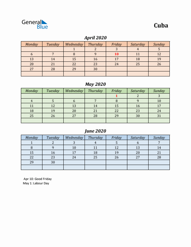 Q2 2020 Holiday Calendar - Cuba