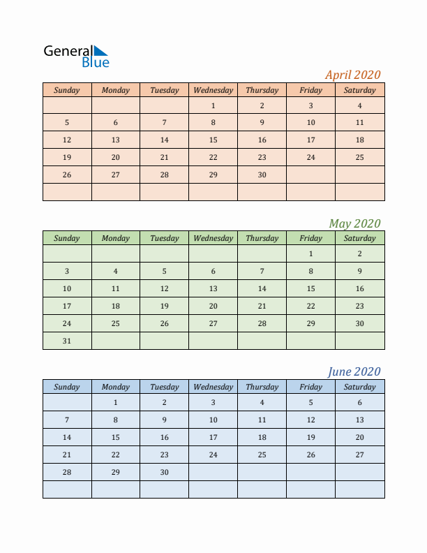 Three-Month Calendar for Year 2020 (April, May, and June)