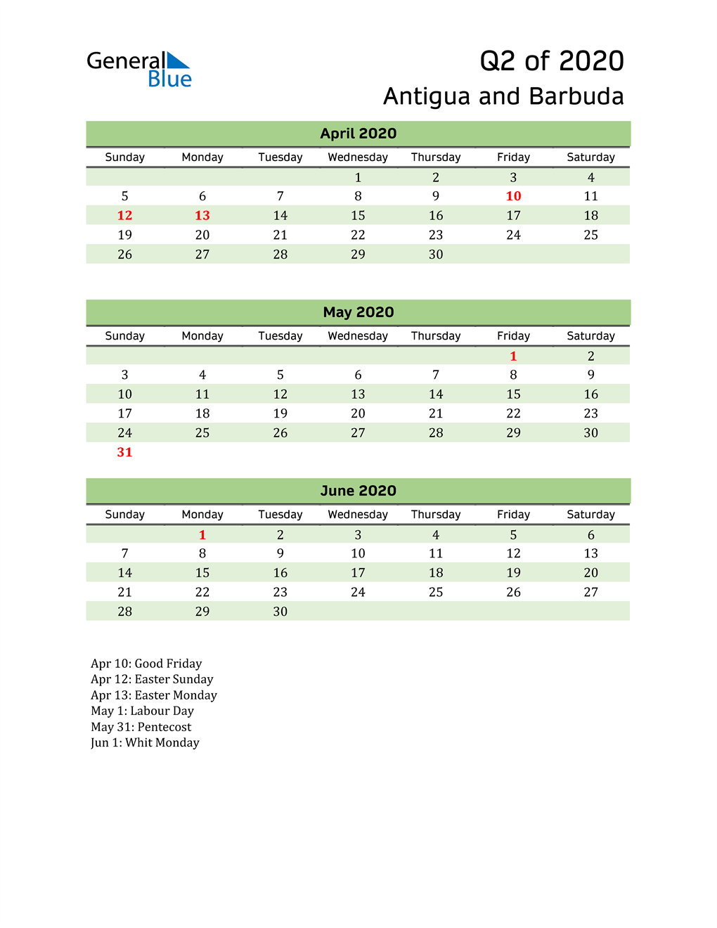  Quarterly Calendar 2020 with Antigua and Barbuda Holidays 