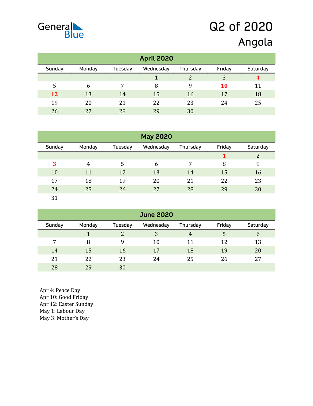  Quarterly Calendar 2020 with Angola Holidays 