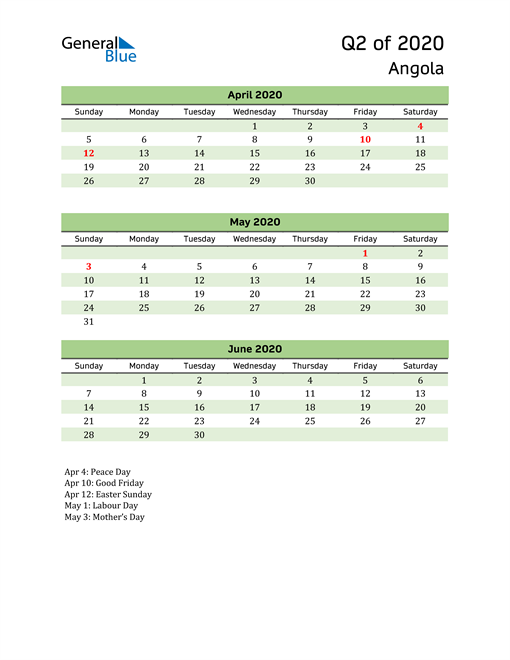  Quarterly Calendar 2020 with Angola Holidays 