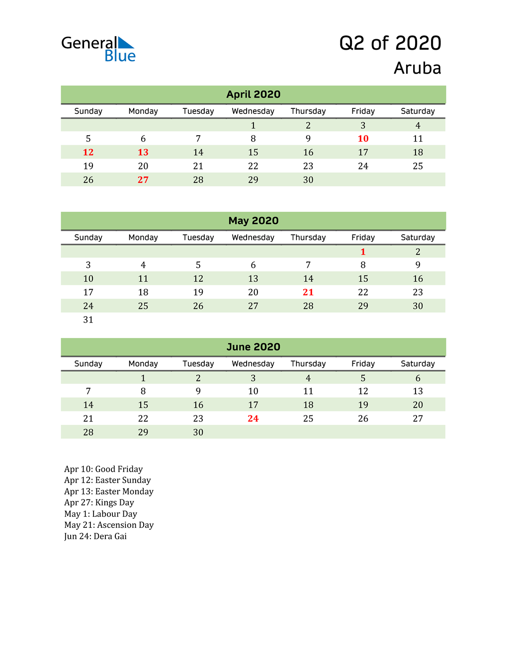  Quarterly Calendar 2020 with Aruba Holidays 