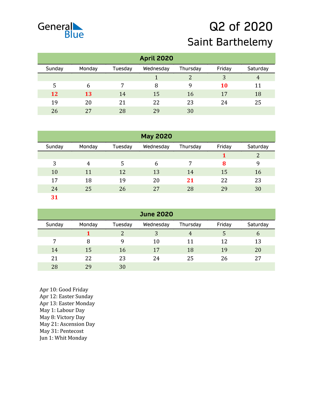  Quarterly Calendar 2020 with Saint Barthelemy Holidays 
