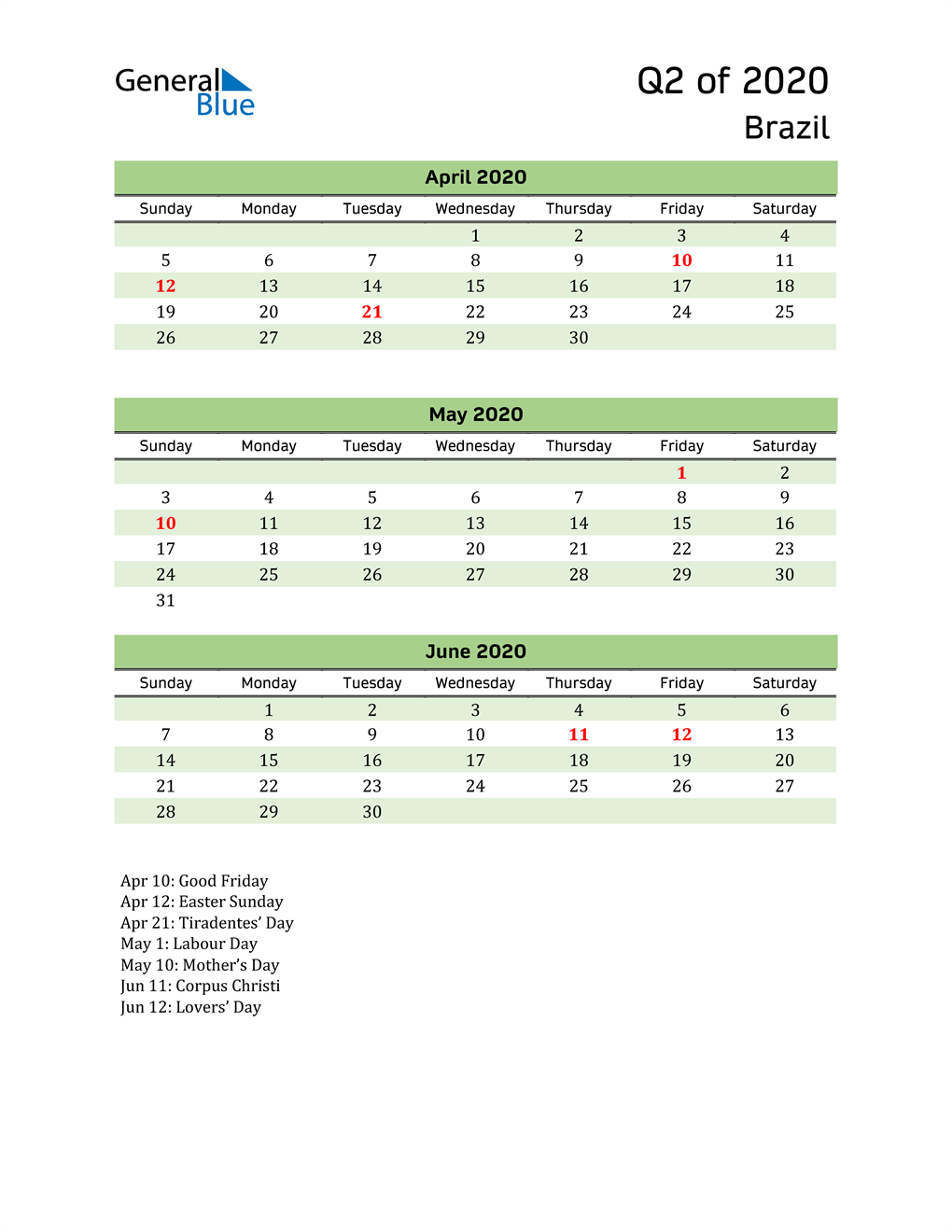  Quarterly Calendar 2020 with Brazil Holidays 