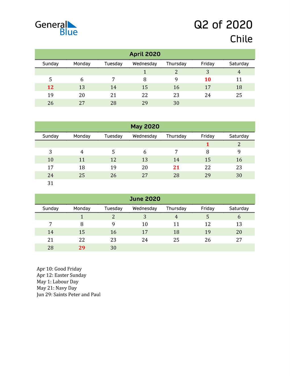  Quarterly Calendar 2020 with Chile Holidays 