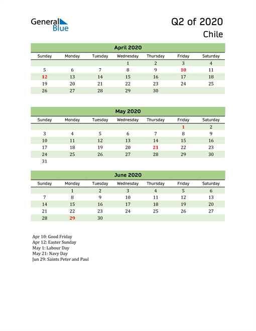  Quarterly Calendar 2020 with Chile Holidays 