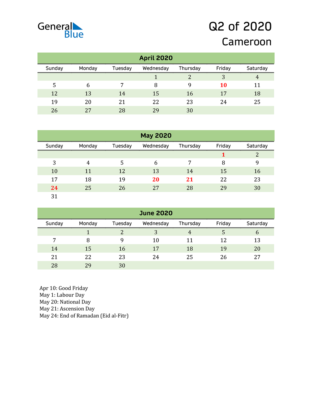  Quarterly Calendar 2020 with Cameroon Holidays 